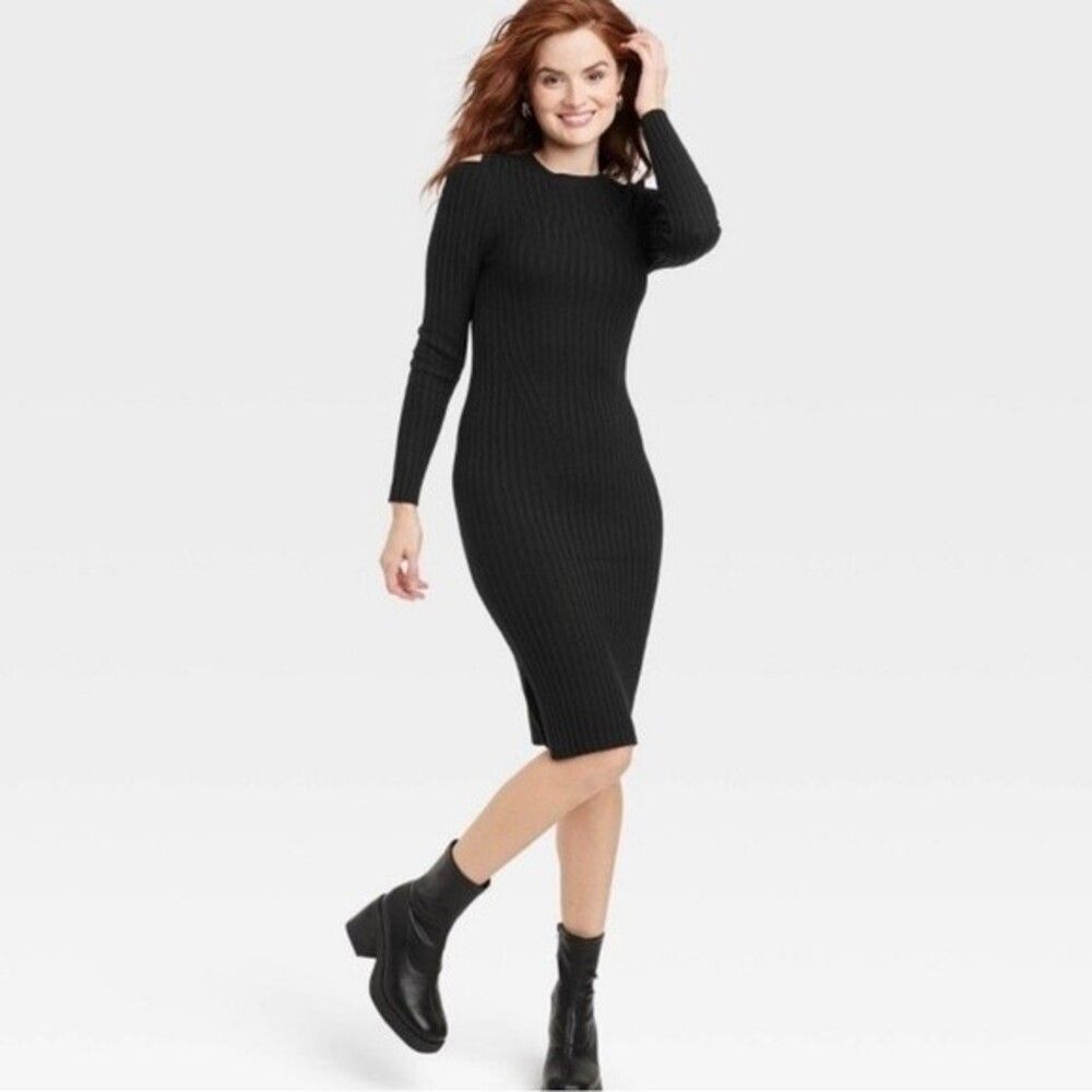 A New Day Cold Shoulder Black Ribbed Dress Size S